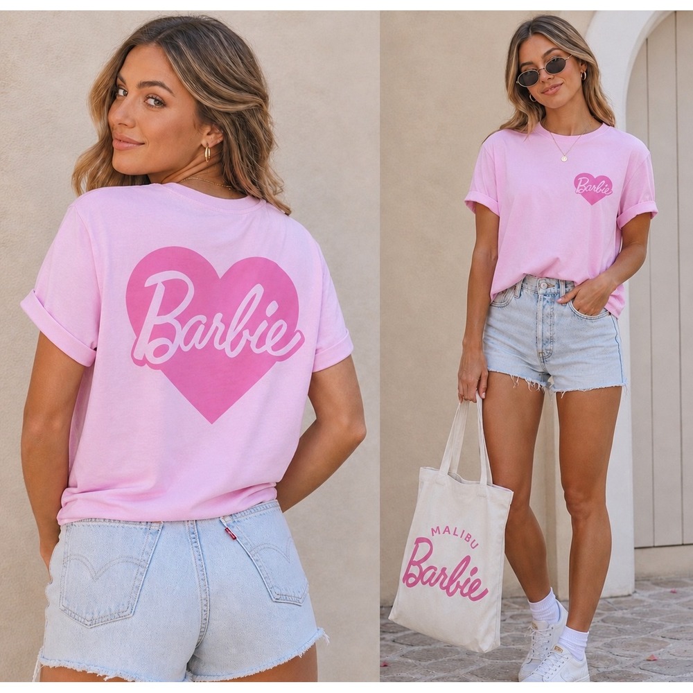 Barbie‎ Pink Heart Logo Graphic Tee Shirt Youth XL 14 Womens Small Cotton Y2K